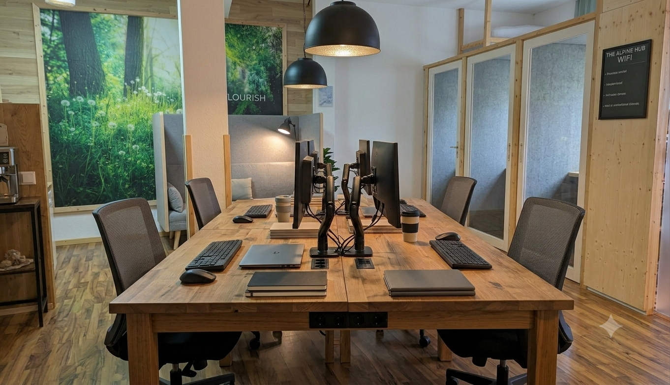 Arbeitsplätze mit Monitoren und ergonomischen Stühlen